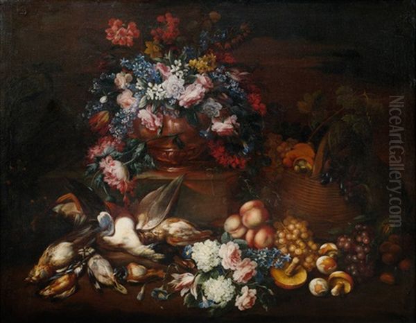 Stilleben Mit Blumen, Obst, Pilzen Und Erlegten Wildvogeln Oil Painting by Giovanni Battista Ruoppolo