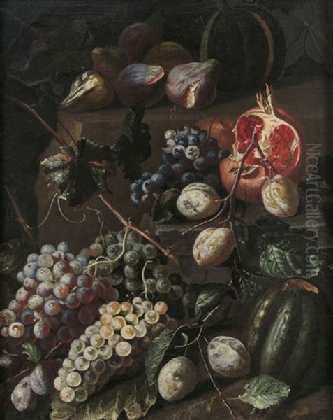 Grapes, Melon And Other Fruit On A Stone Ledge Oil Painting by Giovanni Battista Ruoppolo