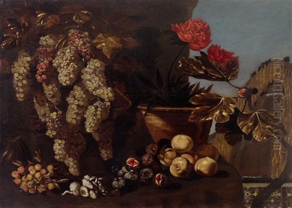 Still Life With Grapes, Figs And Mushrooms In A Landscape Oil Painting by Giovanni Battista Ruoppolo