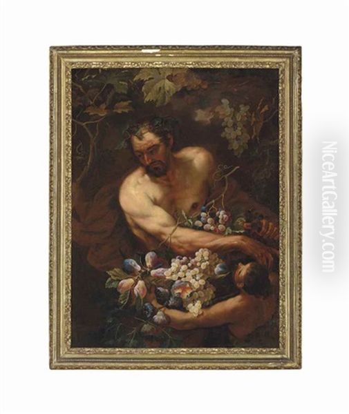 Bacchus Surrounded By Grapevines, Attended By A Satyr Carrying A Basket Of Grapes And Figs Oil Painting by Giovanni Battista Ruoppolo