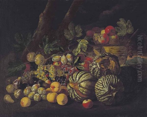 Melons, Grapes, Peaches, Figs And Other Fruit In A Wooded Landscape Oil Painting by Giovanni Battista Ruoppolo