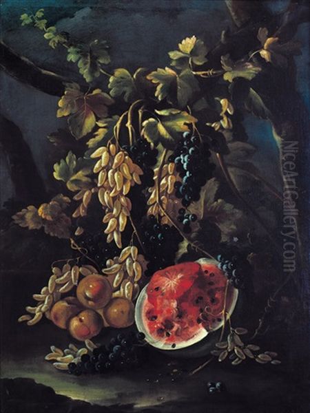 Natura Morta Con Uva Cornicella, Mele E Anguria Spezzata Oil Painting by Giovanni Battista Ruoppolo