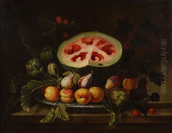 A Still Life With Watermelon And Peaches Oil Painting by Giovanni Battista Ruoppolo