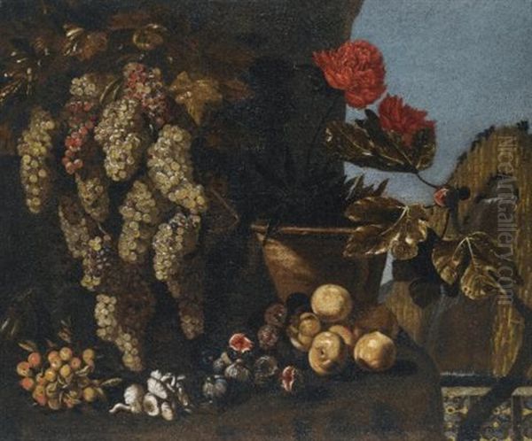 Still Life With Hanging Grapes On The Vine, Figs And Fungi In A Garden Setting Oil Painting by Giovanni Battista Ruoppolo