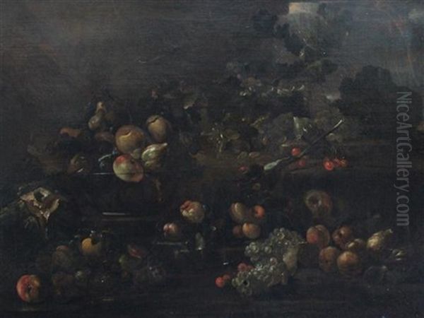 Still Life Of Fruit And A Glass Bowl On A Ledge Oil Painting by Giovanni Battista Ruoppolo