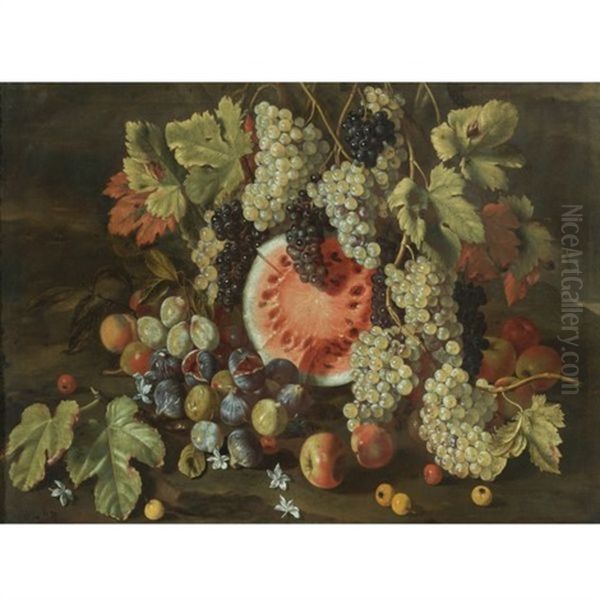 Still Life In A Landscape, With Grapes, Watermelons, Figs And Apples Oil Painting by Giovanni Battista Ruoppolo