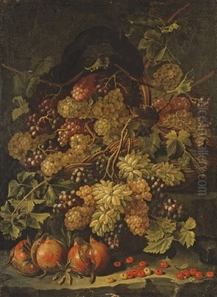 Raisins Et Grenades Sur Un Entablement De Pierre Oil Painting by Giovanni Battista Ruoppolo