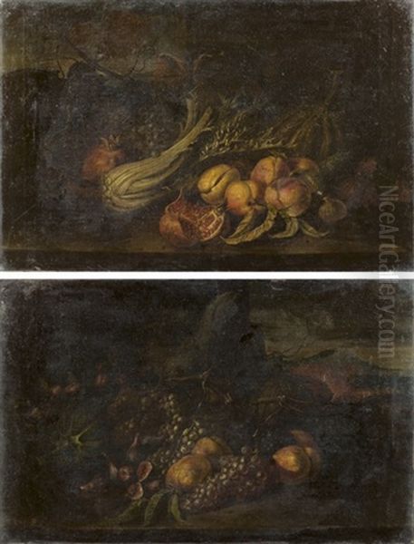 Nature Morte Aux Pasteques, Peches, Raisin Et Grenades Dans Un Paysage (+ Nature Morte Aux Pasteques, Fenouil, Raisin Et Grenades Dans Un Paysage; Pair) Oil Painting by Giovanni Battista Ruoppolo