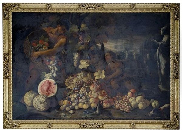 Still Life Of Fruit With Figures And Statues In A Landscape Setting Oil Painting by Giovanni Battista Ruoppolo