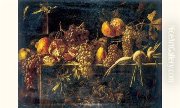 Nature Morte Aux Raisins, Grenades, Poires Et Navets Disposes Sur Un Entablement Sculpte Oil Painting by Giovanni Battista Ruoppolo