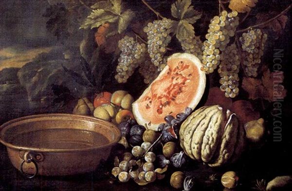 Natura Morta Di Frutta Con Uva, Anguria, Fichi, Prugne E Mele E Un Catino Di Rame Oil Painting by Giovanni Battista Ruoppolo