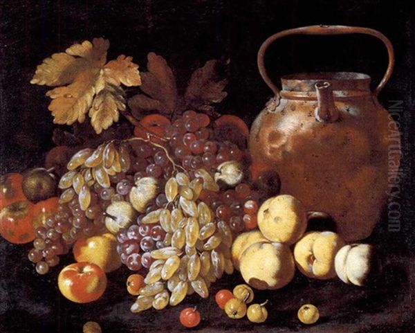 Natura Morta Di Uva, Pesche E Mele Con Pentola In Rame Oil Painting by Giovanni Battista Ruoppolo