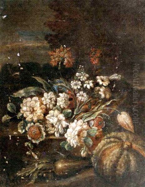 Mixed Flowers In A Glass Of Water With A Melon, Pears, Peaches, And Grapes On A Ledge In A Clearing (+ Mixed Flowers And A Melon In A Clearing; Pair) Oil Painting by Giovanni Battista Ruoppolo