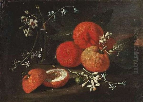 Stilleben Mit Orangen Und Orangenbluten In Einer Glasvase Oil Painting by Giovanni Battista Ruoppolo