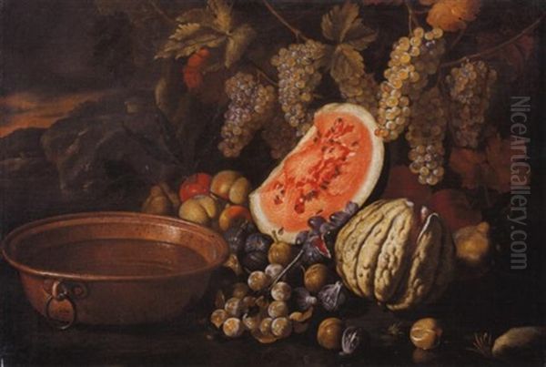 Natura Morta Di Frutta Con Uva, Anguria, Fichi, Prugne E Mele E Un Catino Di Rame Oil Painting by Giovanni Battista Ruoppolo