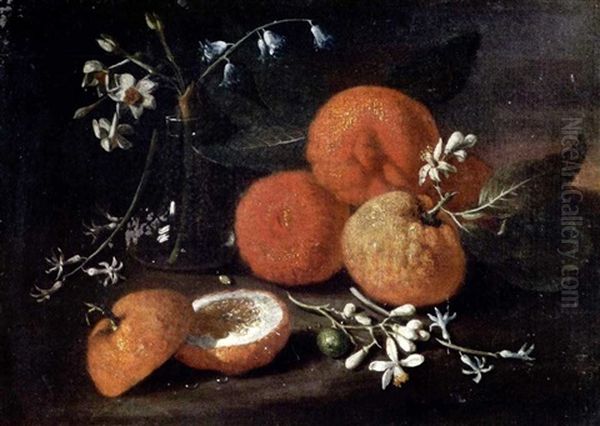 Stilleben Mit Orangen Und Orangenbluten In Einer Glasvase Oil Painting by Giovanni Battista Ruoppolo