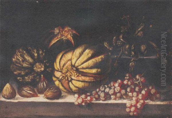 Melons, Grapes And Figs On A Ledge Oil Painting by Giovanni Battista Ruoppolo