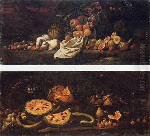 A Still Life Of Watermelons, Plums, Cherries, A Basket Of Figs, Pears And A Monkey Oil Painting by Giovanni Battista Ruoppolo