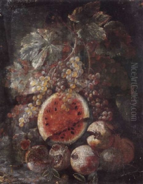 A Melon, Grapes, Figs And Pomegranates Oil Painting by Giovanni Battista Ruoppolo