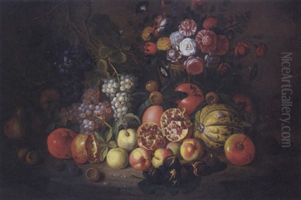 Nature Morte: Grenades, Raisins, Melon, Poires, Nefles Et Figues Poses Sur Un Entablement Pres D'une Corbeille De Fleurs Oil Painting by Giovanni Battista Ruoppolo