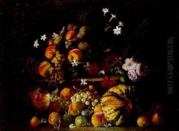 Fruit On A Ledge, Including Pears, Peaches, White Grapes, A Melon And Apples With Flowers And A Butterfly Oil Painting by Giovanni Battista Ruoppolo