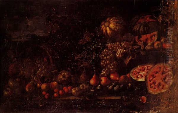 A Still Life Of Pears, Apples, Grapes, Pomegranates, Figs And Melons On A Stone Ledge, A Basket Nearby And A Landscape Beyond Oil Painting by Giovanni Battista Ruoppolo