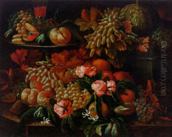 Grapes, Figs, Bananas, A Peach, A Glass And Bowl Of Wine On A Platter, A Pumpkin, Fruit, Flowers And A Bee On A Ledge Oil Painting by Giovanni Battista Ruoppolo