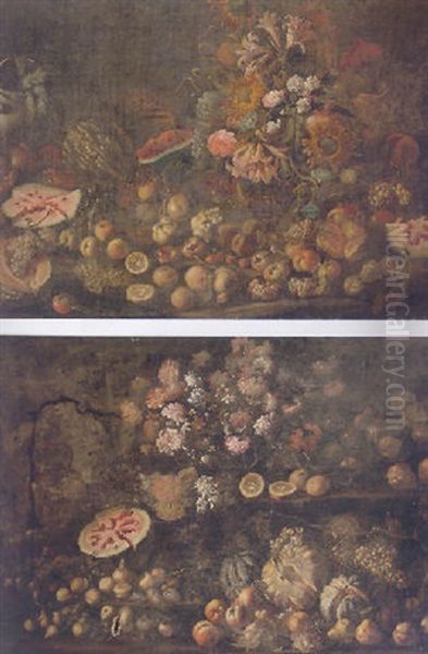 Still Life Of Fruit, Flowers And Urns On A Rocky Bank Oil Painting by Giovanni Battista Ruoppolo