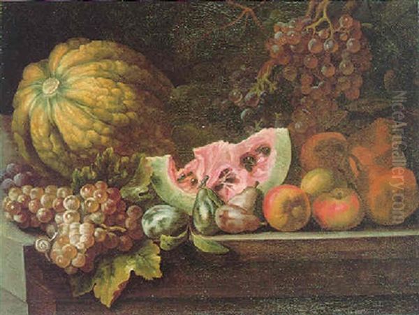 A Still Life Of Melons, Grapes, Plums, Apples And Pears With A Snail On A Stone Ledge Oil Painting by Giovanni Battista Ruoppolo