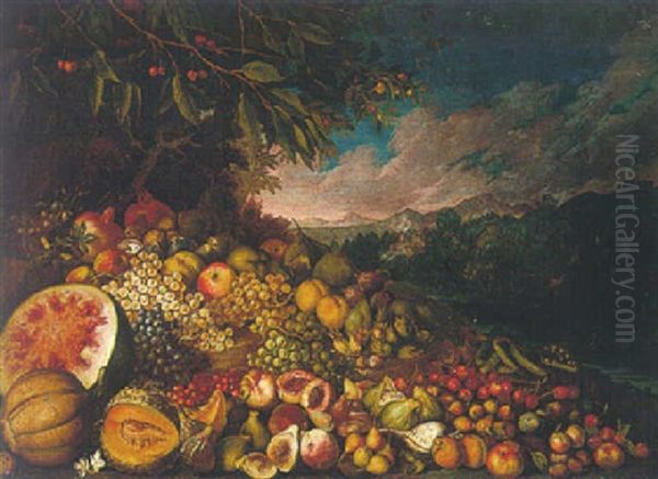 Still Life Of Grapes, Melons And Others Fruits In A Landscape, A River Beyond Oil Painting by Giovanni Battista Ruoppolo