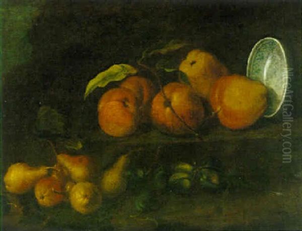 Still Life Of Apples, Pears, Plums And A Blue And White Porcelain Bowl, All Upon A Stone Ledge Oil Painting by Giovanni Battista Ruoppolo