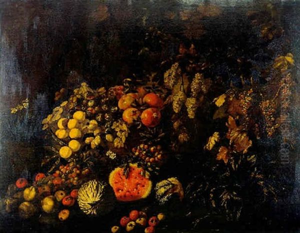 Fruit Hanging From Vines Oil Painting by Giovanni Battista Ruoppolo