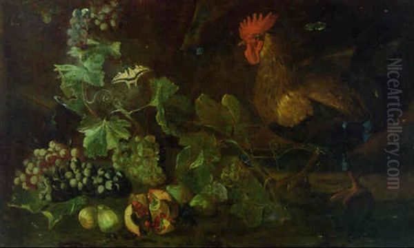 A Cockerel Watching A Swallowtail Butterfly Amongst Figs, A Pomegranate And Grapes On A Bank Oil Painting by Giovanni Battista Ruoppolo