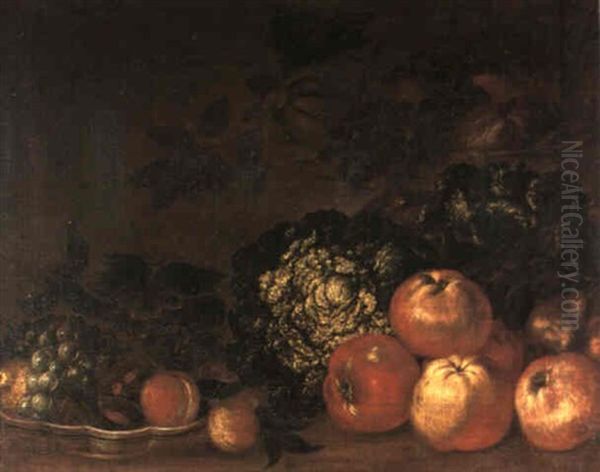 A Still Life Of Apples, Green Cabbages And Vines On The     Ground With A Pewter Plate Filled With Figs, A Pear And A Oil Painting by Giovanni Battista Ruoppolo