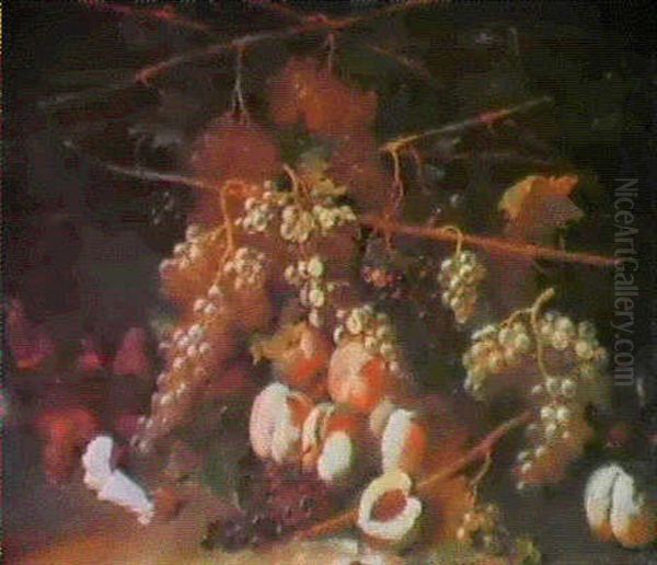 Tendrils Of Grapes, With Peaches And Funghi Oil Painting by Giovanni Battista Ruoppolo