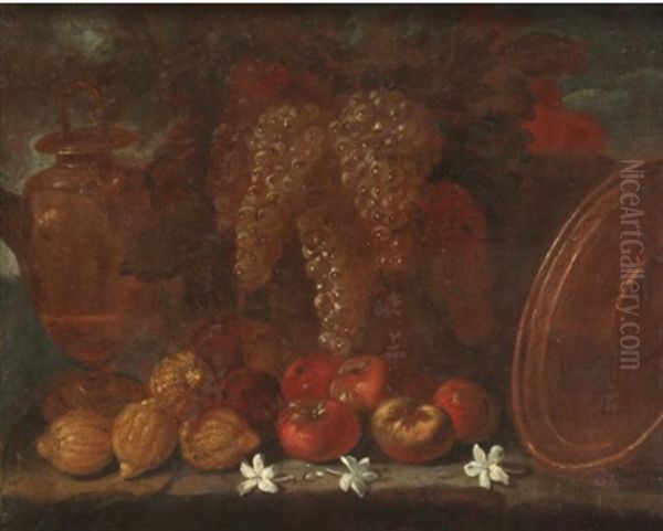 Nature Morte Aux Grappes De Raisin Et Fleurs Blanches Oil Painting by Giuseppe Ruoppolo