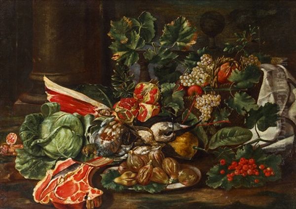 Stillleben Mit Obst, Vogeln Und Fleisch Oil Painting by Giuseppe Ruoppolo