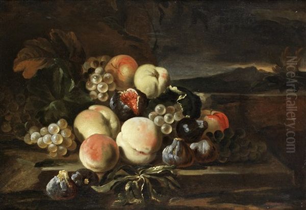 Figs, Peaches, Grapes And Other Fruit On A Stone Ledge, Before An Open Landscape Oil Painting by Giuseppe Ruoppolo