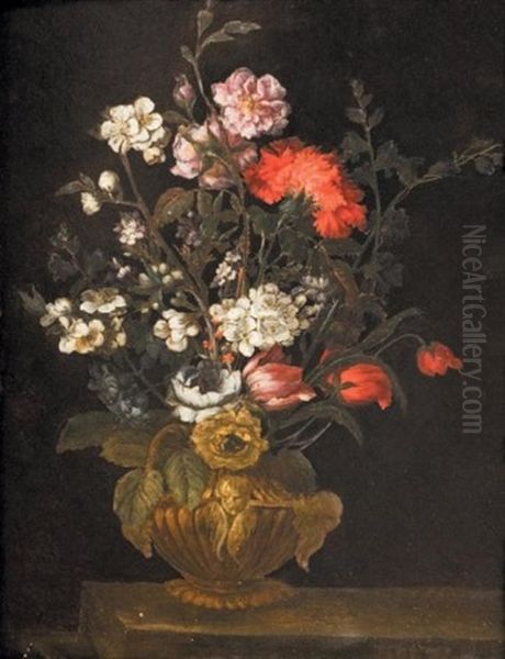 Bouquet De Fleurs Dans Un Vase Sculpte Sur Un Entablement Oil Painting by Giuseppe Ruoppolo