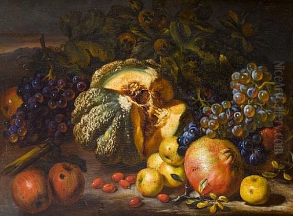 A Still Life Of Grapes, A Melon, Pomegranates And Apples Oil Painting by Giuseppe Ruoppolo