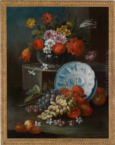 Stillleben Mit Einer Porzellanschale, Fruchten Und Einem Blumenstraus In Einer Glasvase Oil Painting by Giuseppe Ruoppolo