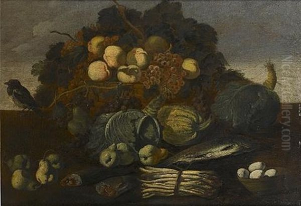 A Basket Of Peaches And Grapes With Cabbages, Pears, A Bunch Of Asparagus, Fish And A Dish Of Eggs Oil Painting by Giuseppe Ruoppolo