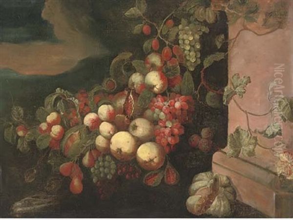 Pears, Apples, Grapes On The Vine, Figs, Plums And A Melon By A Pillar In A Landscape by Giuseppe Ruoppolo