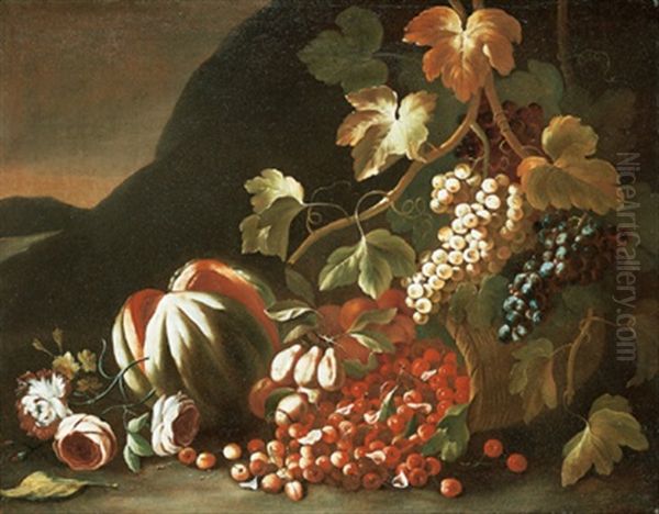 Natura Morta Con Melone, Uva E Un Cesto Di Ciliege Rovesciato Oil Painting by Giuseppe Ruoppolo