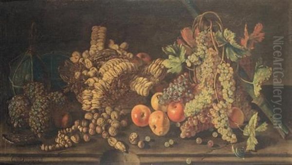 Natura Morta Di Uva, Mele, Fichi Secchi, Noci E Nocciole Su Un Ripiano, Con Lumaca Oil Painting by Giuseppe Ruoppolo