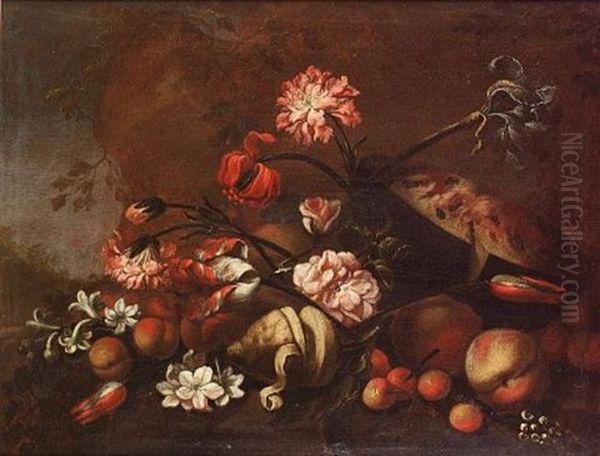 Peaches, A Melon, A Lemon And Other Fruit With Tulips, An Iris, Chrysanthemums And Other Flowers In A Landscape (+ Peaches With Narcissi, Tulips, Chrysanthemums And Other Flowers In A Landscape; Pair) Oil Painting by Giuseppe Ruoppolo