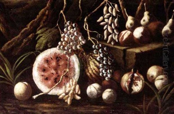 A Still Life With Watermelons, Grapes, Pears And Peaches Oil Painting by Giuseppe Ruoppolo