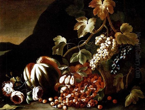 Natura Morta Con Melone, Uva E Un Cesto Di Ciliegie Rovesciato Oil Painting by Giuseppe Ruoppolo