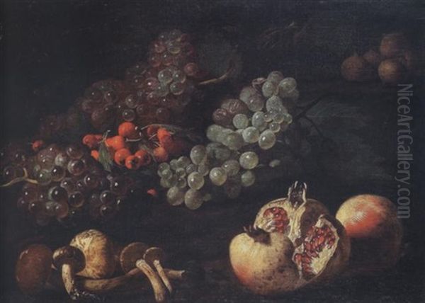 Mushrooms, Pomegranates, Grapes, Cherries And Figs On A Stone Ledge Oil Painting by Giuseppe Ruoppolo