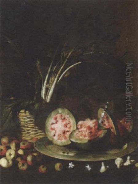 Celery In A Basket, A Sliced Watermelon On A Silver Plate, With Apples, All On A Ledge Oil Painting by Giuseppe Ruoppolo